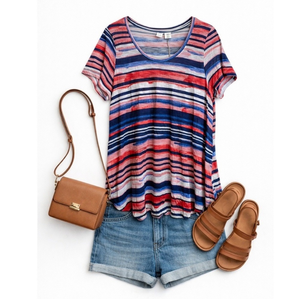 Artis A Nany Striped Tunic Top Red Blue White Scoop Neck Flowy Casual Tee 1X - Picture 2 of 15
